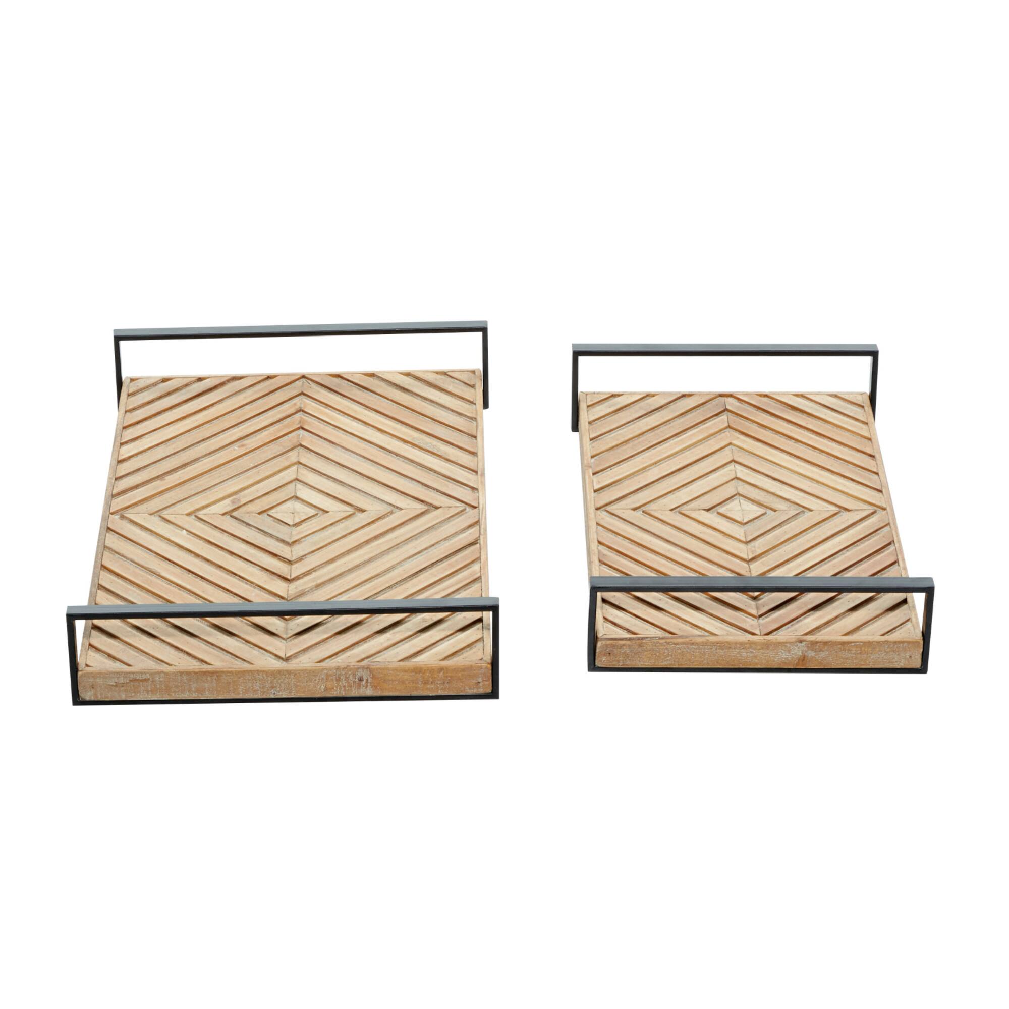 Brown Ribbed Wood Farmhouse Tray Set